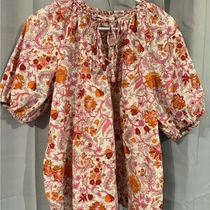 Knox Rose Vibrant Pink Coral Floral Peasant Top Boho Shirt Short Sleeve Shirt